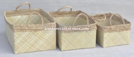 Pandanus rect basket with raffia trim set of 3 handicraft