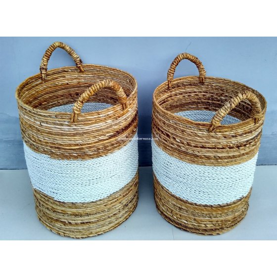 Banana bark white stripe round basket set of 2 handicraft