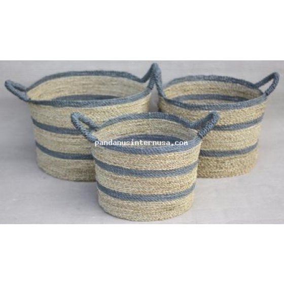 Sea grass grey striped basket set of 3 handicraft