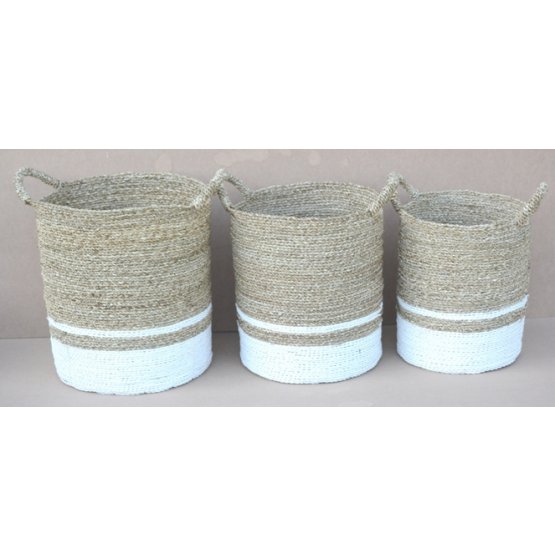 handicraft Seagrass round basket white stripe set of 3