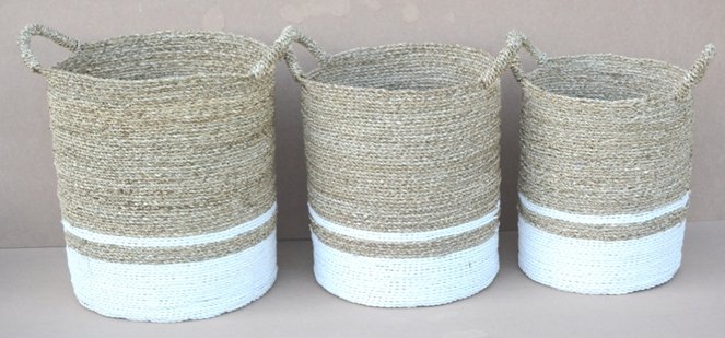 Seagrass round basket white stripe set of 3 handicraft