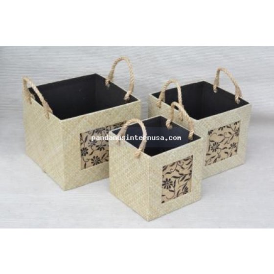 Pandanus square basket with printing goni set of 3 handicraft