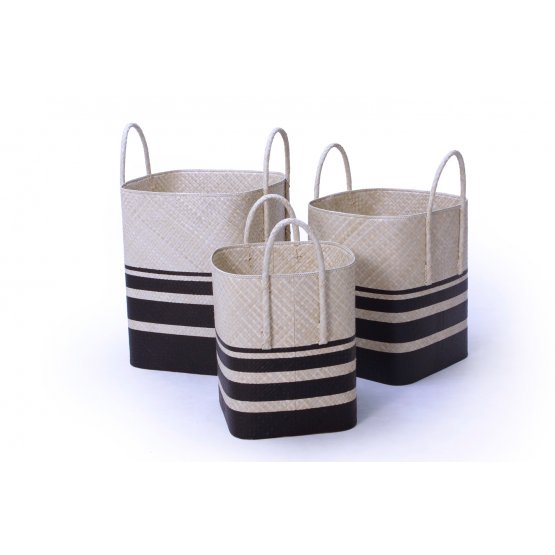 Pandanus square rounded basket with handle set of 3 handicraft