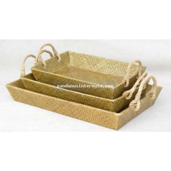 Pandanus tray with rope handle set of 3 handicraft