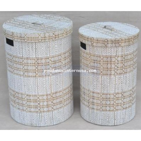 Waterhyacinth printed round hamper set of 2 handicraft